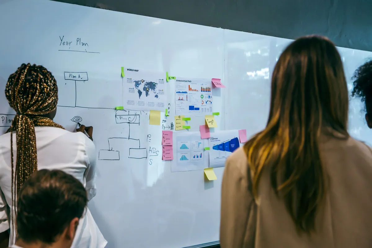 Equipo mapeando procesos y flujos de información en pizarra colaborativa