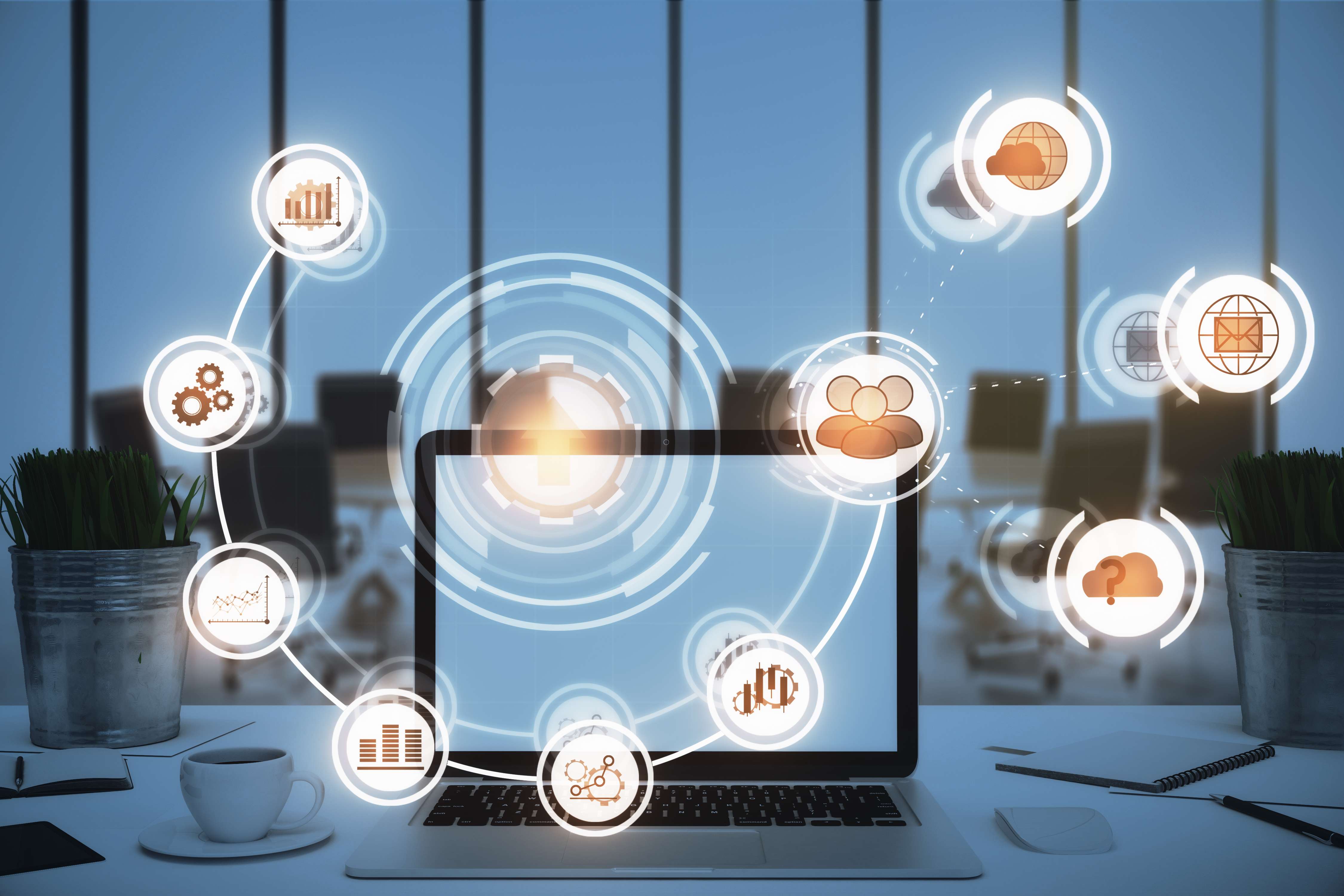 Diagrama de múltiples sistemas empresariales desconectados, mostrando la necesidad de integración de software