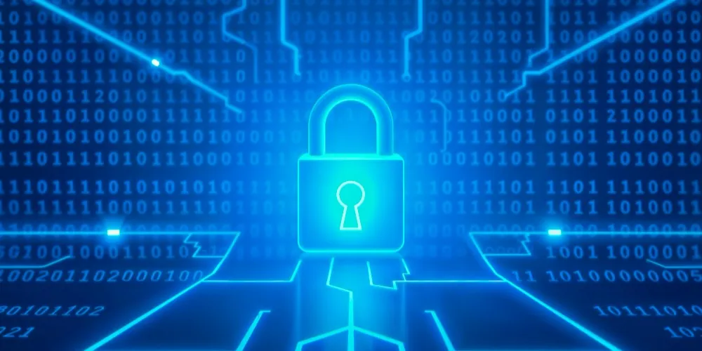 Digital padlock over a background of binary code, representing business data security